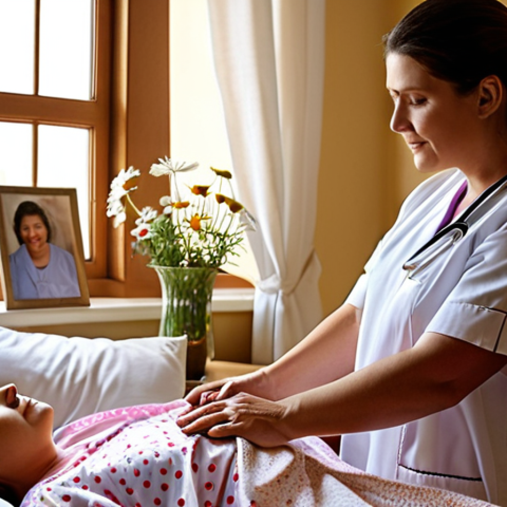 **

A warm and comforting hospice room. Soft, natural lighting filters through a window, illuminating a patient resting peacefully in bed. The room is personalized with family photos, a favorite book, and a small vase of flowers. A nurse is attentively listening to the patient, creating a sense of empathy and personalized care. The overall atmosphere should evoke peace, dignity, and emotional support.

**
