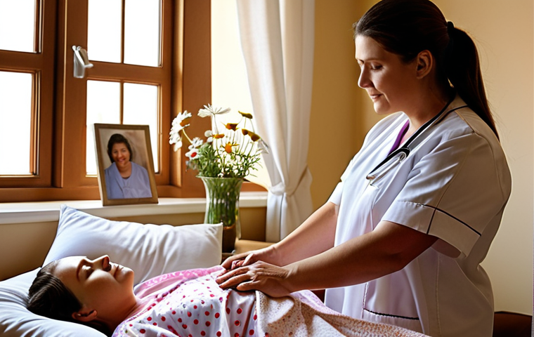 **

A warm and comforting hospice room. Soft, natural lighting filters through a window, illuminating a patient resting peacefully in bed. The room is personalized with family photos, a favorite book, and a small vase of flowers. A nurse is attentively listening to the patient, creating a sense of empathy and personalized care. The overall atmosphere should evoke peace, dignity, and emotional support.

**