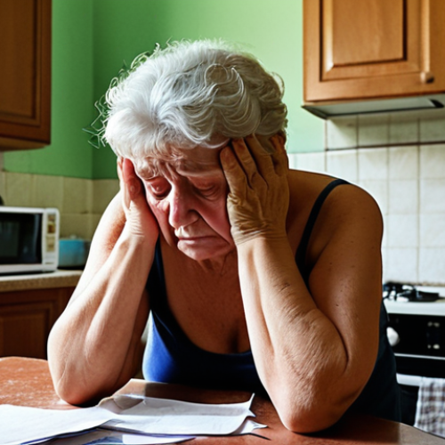 Home 6 **Prompt 1:** A distressed middle-aged Italian person, a caregiver, sits at a cluttered kitchen table in a traditional Italian home. They hold their head in their hands, looking overwhelmed by paperwork and the visible signs of their elderly parent's increasing frailty in the background. The atmosphere is one of profound anxiety and the heavy burden of responsibility, but also underlying love. Soft, natural light filters in, highlighting the emotional struggle.