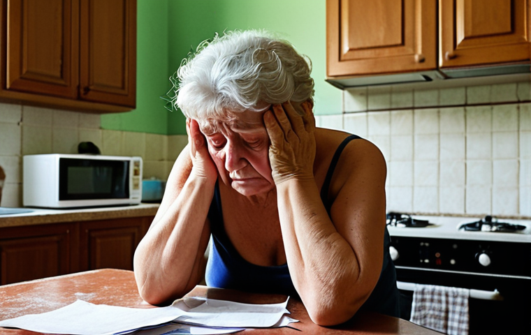 **Prompt 1:** A distressed middle-aged Italian person, a caregiver, sits at a cluttered kitchen table in a traditional Italian home. They hold their head in their hands, looking overwhelmed by paperwork and the visible signs of their elderly parent's increasing frailty in the background. The atmosphere is one of profound anxiety and the heavy burden of responsibility, but also underlying love. Soft, natural light filters in, highlighting the emotional struggle.