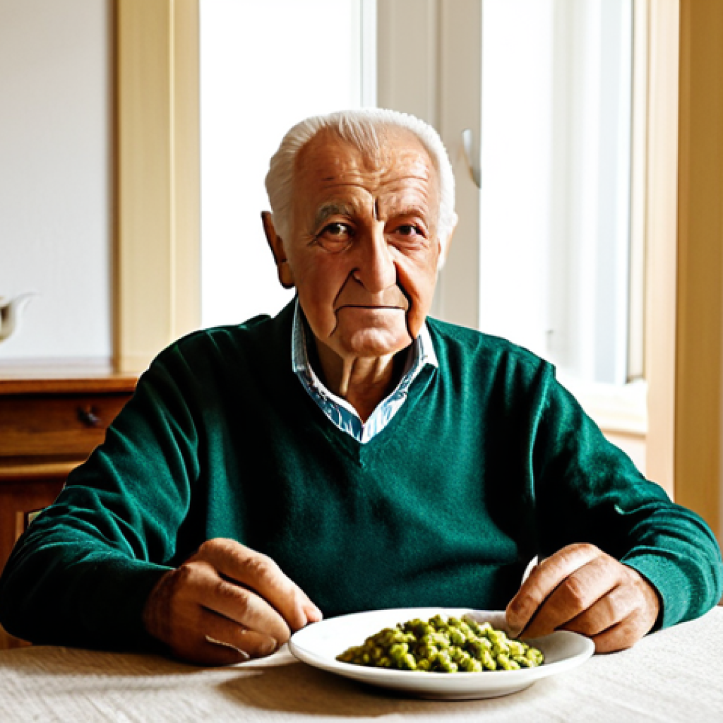 An elderly Italian man with a kind, contemplative expression, sitting comfortably at a dining table in a bright, clean senior residence. In front of him is a modest, beautifully presented plate of traditional Italian gnocchi with pesto. The warm, inviting ambiance is illuminated by soft natural light. He is fully clothed in comfortable, appropriate attire, evoking a sense of calm and cherished memory. This image should have perfect anatomy, correct proportions, a natural pose, well-formed hands, and proper finger count. It is safe for work, appropriate content, fully clothed, and family-friendly.