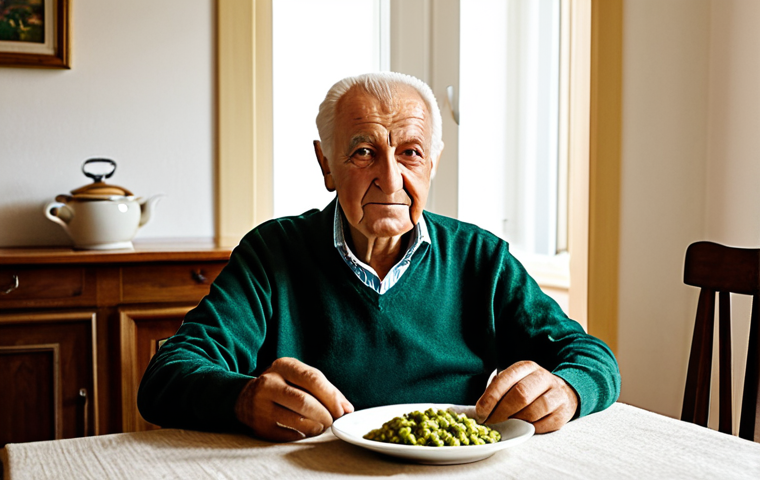 An elderly Italian man with a kind, contemplative expression, sitting comfortably at a dining table in a bright, clean senior residence. In front of him is a modest, beautifully presented plate of traditional Italian gnocchi with pesto. The warm, inviting ambiance is illuminated by soft natural light. He is fully clothed in comfortable, appropriate attire, evoking a sense of calm and cherished memory. This image should have perfect anatomy, correct proportions, a natural pose, well-formed hands, and proper finger count. It is safe for work, appropriate content, fully clothed, and family-friendly.