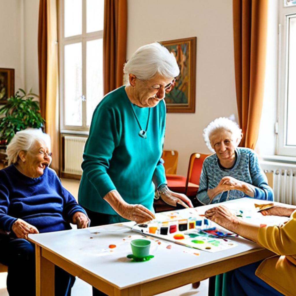 A diverse group of senior citizens, fully clothed in comfortable, modest attire, engaged in a vibrant art therapy session within a bright, spacious common room of a modern Italian care home. An elderly woman, with perfect anatomy and correct proportions, is painting with gentle focus, surrounded by other residents enjoying various artistic activities. Natural light streams through large windows, revealing lush indoor plants and tasteful, comfortable furnishings. The atmosphere is warm and inviting, promoting social interaction and cognitive stimulation. The subjects have well-formed hands, proper finger count, and natural body proportions, captured in a natural pose. High-quality professional photography, safe for work, appropriate content, family-friendly.