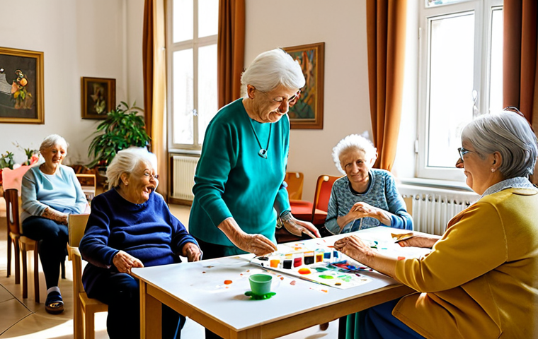 A diverse group of senior citizens, fully clothed in comfortable, modest attire, engaged in a vibrant art therapy session within a bright, spacious common room of a modern Italian care home. An elderly woman, with perfect anatomy and correct proportions, is painting with gentle focus, surrounded by other residents enjoying various artistic activities. Natural light streams through large windows, revealing lush indoor plants and tasteful, comfortable furnishings. The atmosphere is warm and inviting, promoting social interaction and cognitive stimulation. The subjects have well-formed hands, proper finger count, and natural body proportions, captured in a natural pose. High-quality professional photography, safe for work, appropriate content, family-friendly.