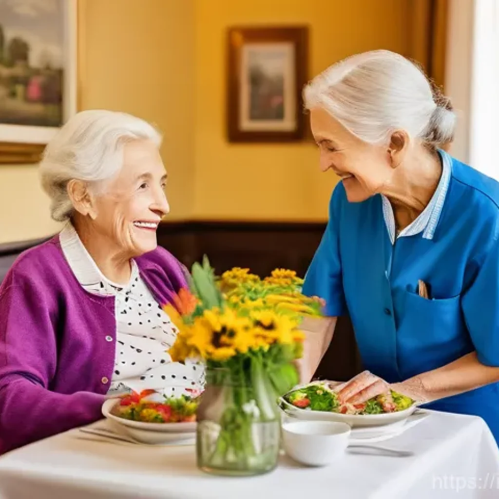 요양병원 환자 식단 사례 - **A joyful and inviting dining experience in an Italian senior care home.** Elderly residents, dress...