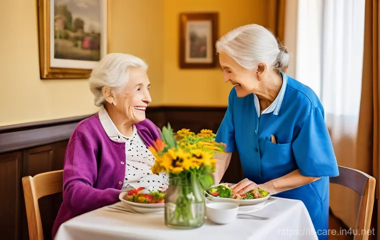 요양병원 환자 식단 사례 - **A joyful and inviting dining experience in an Italian senior care home.** Elderly residents, dress...