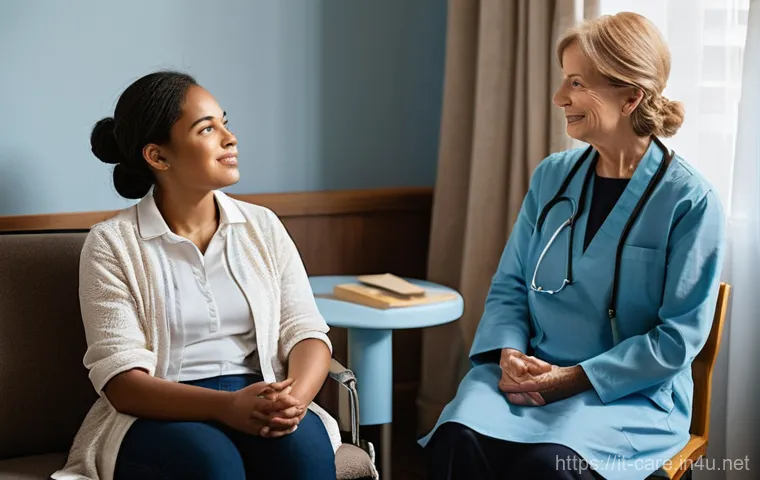 말기암 환자 요양 사례 - **Prompt 2: Serene Hospice Environment with Family**
    A modern, well-lit hospice room, designed w...