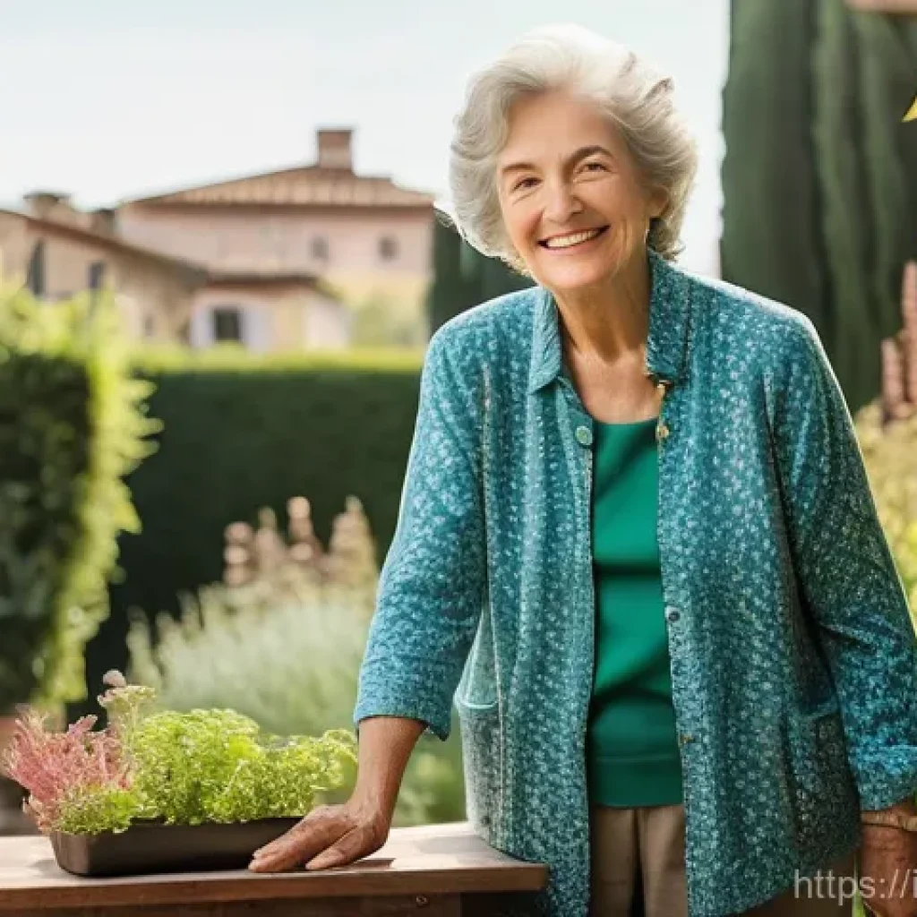 요양병원 재활 프로그램의 특징 - **Prompt:** A serene and joyful older Italian woman, elegantly dressed in comfortable, modest daywea...