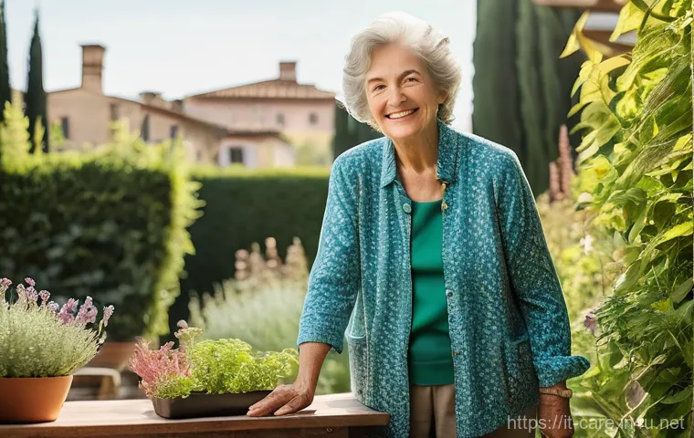 요양병원 재활 프로그램의 특징 - **Prompt:** A serene and joyful older Italian woman, elegantly dressed in comfortable, modest daywea...