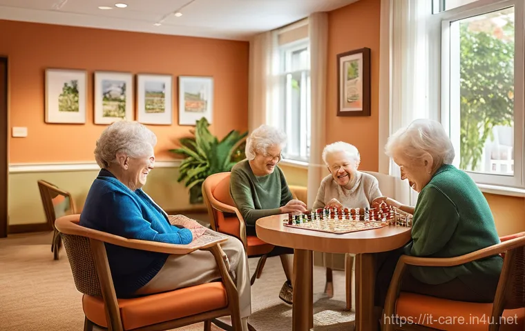 요양병원 간병 서비스 후기 - **"A vibrant and warm common area in a modern assisted living facility (RSA). Elderly residents are ...