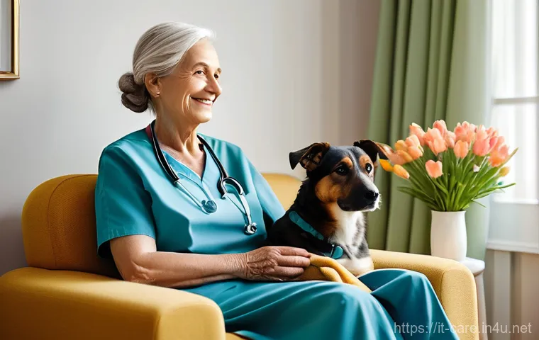 말기암 환자 요양병원 후기 - **Prompt:** A serene and comforting scene inside a modern Italian hospice. The room is bright with n...