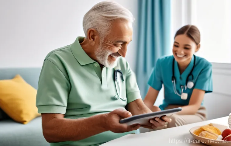 요양병원 환자 상태 관리 팁 - A heartwarming scene inside a cozy, personalized nursing home room in Italy. An elderly Italian woma...