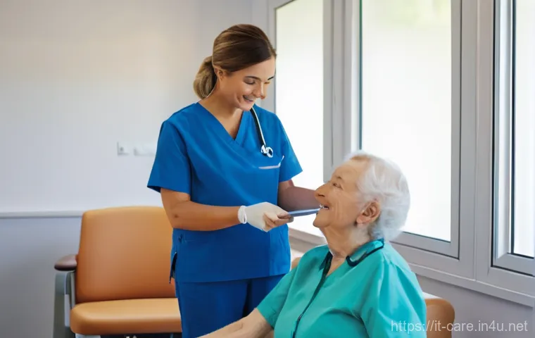 요양병원 간병 서비스 비교 - **Prompt 1: Vibrant "Casa di Riposo" Common Area**
    An elderly woman with a warm smile, dressed i...