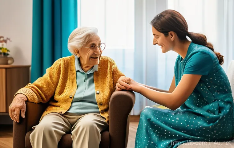 요양병원에서의 가족 면회 규칙 - **Prompt 1: Warm Intergenerational Visit**
    "A heartwarming, realistic photo of an elderly Italia...