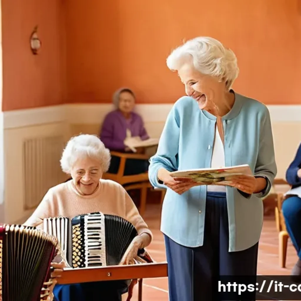 요양병원에서 관리하는 신경계 질환 - **A joyful non-pharmacological therapy session in a sunlit Italian nursing home.**
    "A bright, sp...