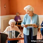 요양병원에서 관리하는 신경계 질환 - **A joyful non-pharmacological therapy session in a sunlit Italian nursing home.**
    "A bright, sp...