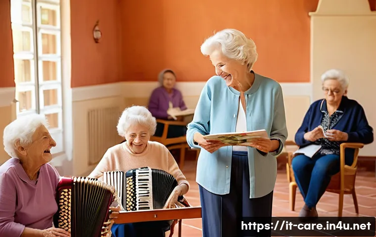 요양병원에서 관리하는 신경계 질환 - **A joyful non-pharmacological therapy session in a sunlit Italian nursing home.**
    "A bright, sp...