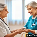 요양병원 내 간병인 서비스 - A compassionate healthcare worker in a modern Italian elderly care facility, wearing professional at...