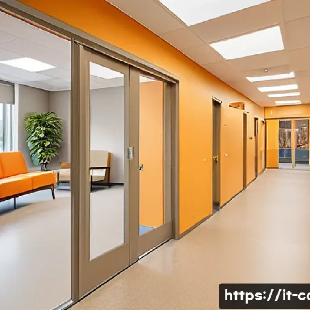 요양병원 내 치매 관리법 - A warmly lit indoor space designed for elderly dementia patients, featuring wide, well-illuminated c...