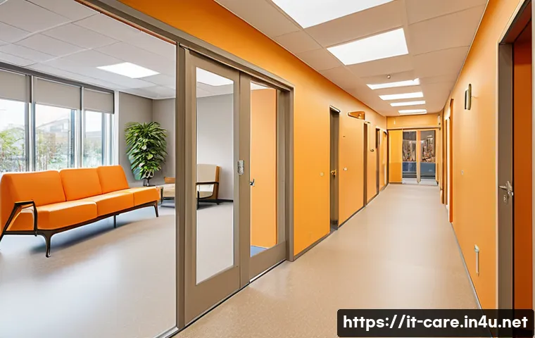 요양병원 내 치매 관리법 - A warmly lit indoor space designed for elderly dementia patients, featuring wide, well-illuminated c...