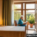 노인 요양병원 간병비용 - A modern Italian senior care facility interior showing a cozy single room with warm lighting, elegan...