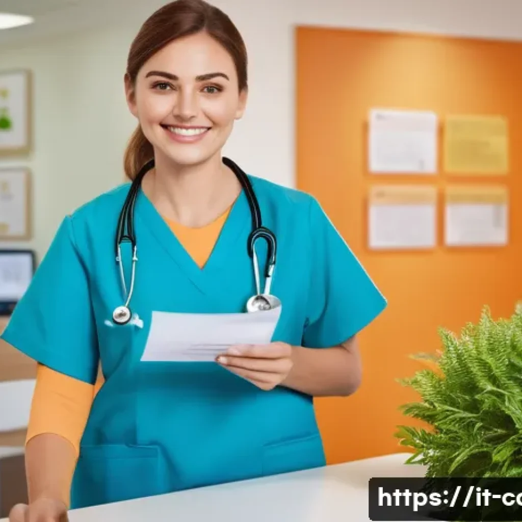 요양병원 입원 절차 상세 가이드 - A warm and welcoming healthcare facility reception area in Italy, showcasing a smiling nurse assisti...