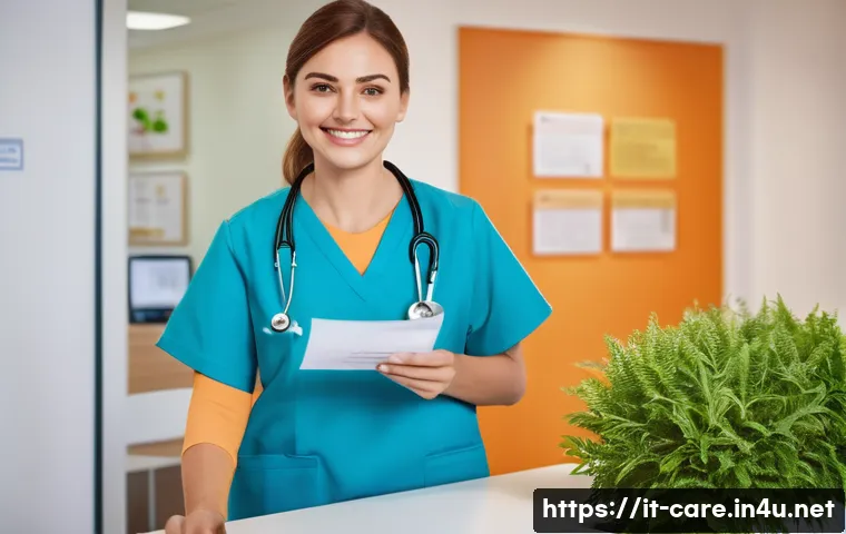요양병원 입원 절차 상세 가이드 - A warm and welcoming healthcare facility reception area in Italy, showcasing a smiling nurse assisti...