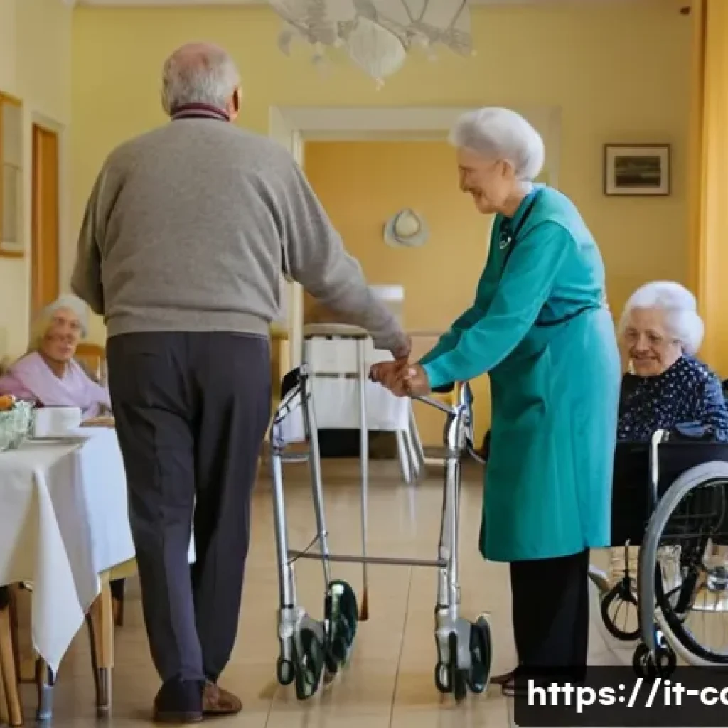 요양병원과 재활센터 차이 - A warm, bright interior of an Italian nursing home, showing elderly residents engaged in daily care ...