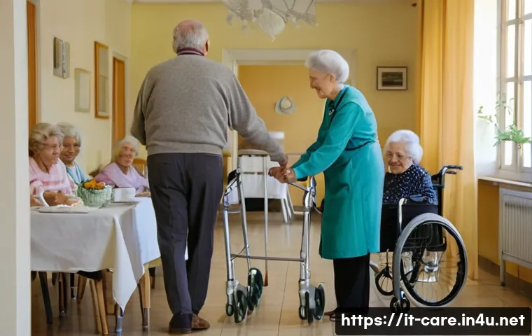 요양병원과 재활센터 차이 - A warm, bright interior of an Italian nursing home, showing elderly residents engaged in daily care ...