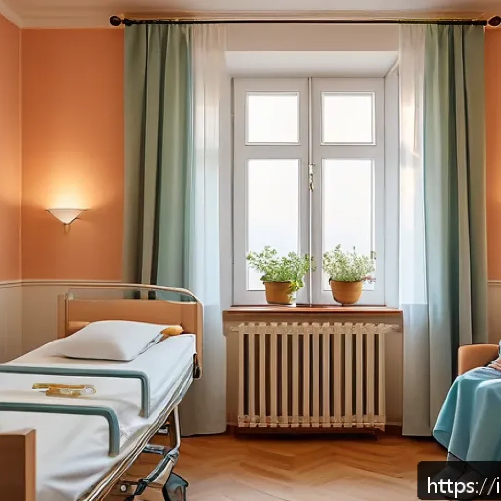 요양병원과 호스피스 비교 - A serene and welcoming hospice room in Italy, designed to resemble a cozy home environment with soft...