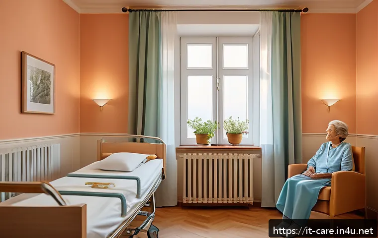 요양병원과 호스피스 비교 - A serene and welcoming hospice room in Italy, designed to resemble a cozy home environment with soft...