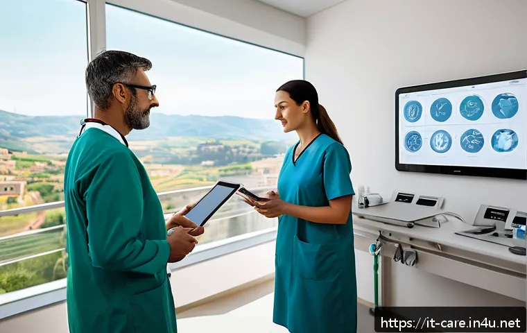 요양병원에서 관리하는 만성 질환 - A modern multidisciplinary healthcare team collaborating in a well-lit, spacious long-term care faci...