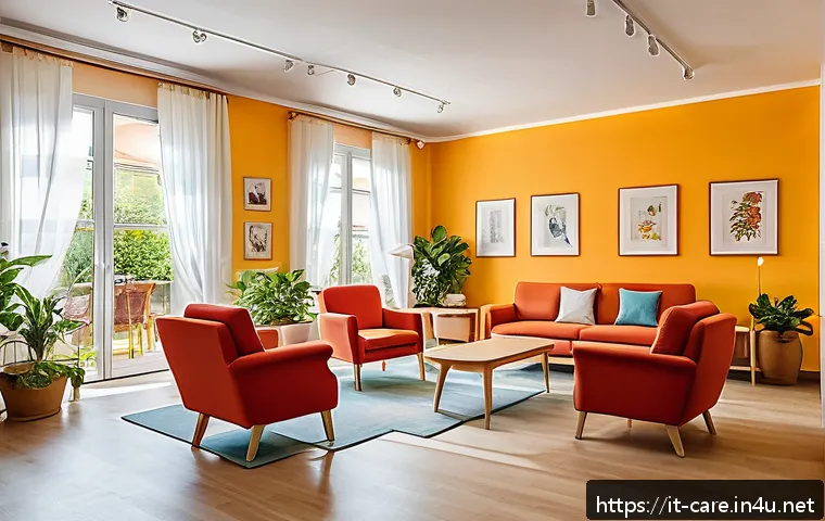 치매 환자 요양병원 서비스 비교 - A warm and inviting dementia care facility in Italy, featuring a bright, spacious living room with c...