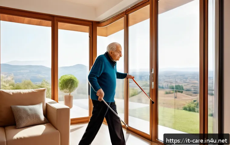 요양병원에서 제공하는 치료 장비 - A modern Italian elderly living room equipped with discreet environmental sensors on walls and windo...
