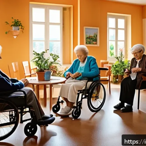 요양병원 환자 가족 후기 - A warm and inviting nursing home interior in Italy, featuring elderly residents engaging in recreati...