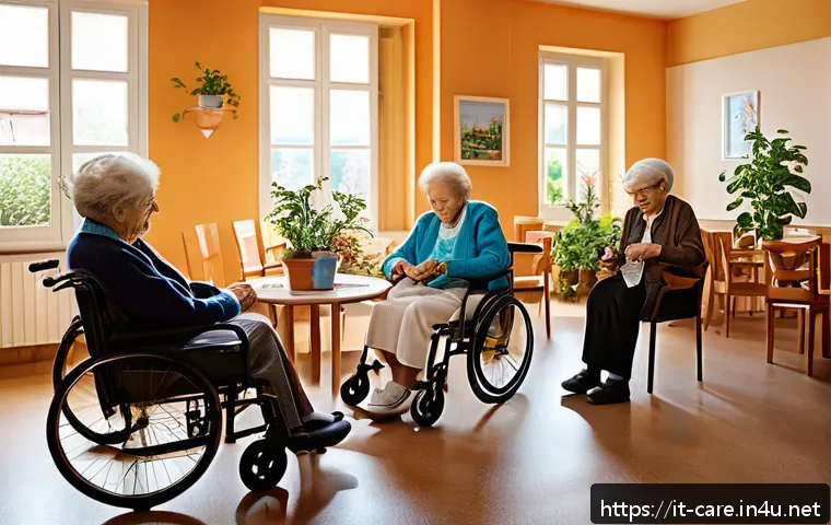 요양병원 환자 가족 후기 - A warm and inviting nursing home interior in Italy, featuring elderly residents engaging in recreati...