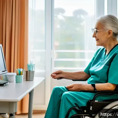 요양병원 의료진 인터뷰 - A compassionate healthcare worker in a modern Italian nursing home, wearing professional scrubs and ...