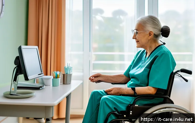 요양병원 의료진 인터뷰 - A compassionate healthcare worker in a modern Italian nursing home, wearing professional scrubs and ...