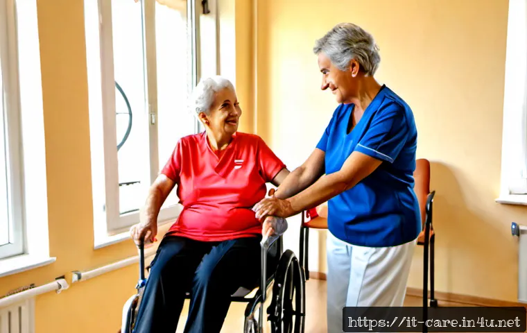 Home 30 노인 요양병원에서 제공하는 운동 - Photorealistic Italian geriatric rehabilitation ward, a caring physiotherapist guiding three senior ...