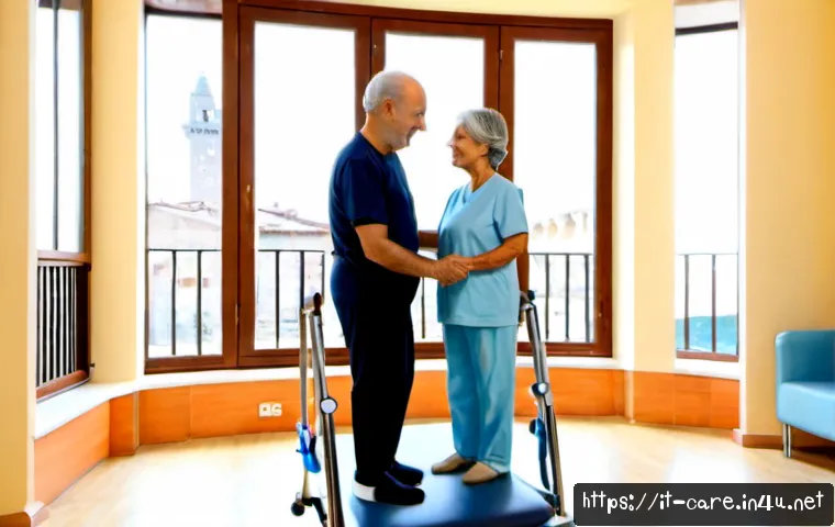 Home 17 요양병원에서의 물리치료 효과 - Photorealistic rehabilitation session in a modern Italian long-term care hospital, compassionate fem...