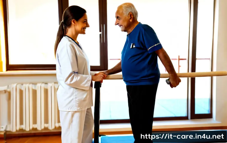 Home 30 요양병원에서의 물리치료 - Photorealistic Italian rehabilitation clinic, compassionate female physiotherapist assisting an elde...